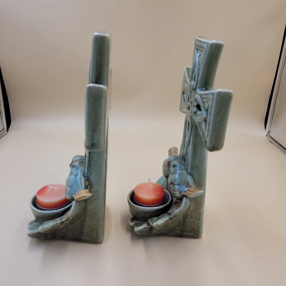 Celtic Cross Ceramic Candle Holder‎ Set of 2 Blue Green Glaze with Birds Decor